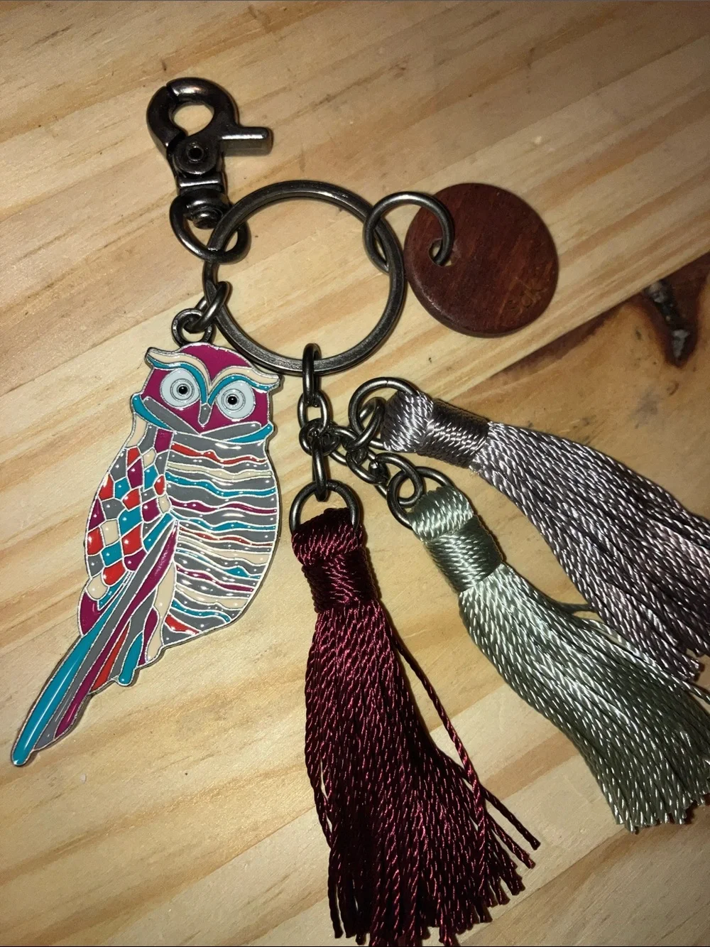 Sakroots Multicolor Owl Keychain with Tassels